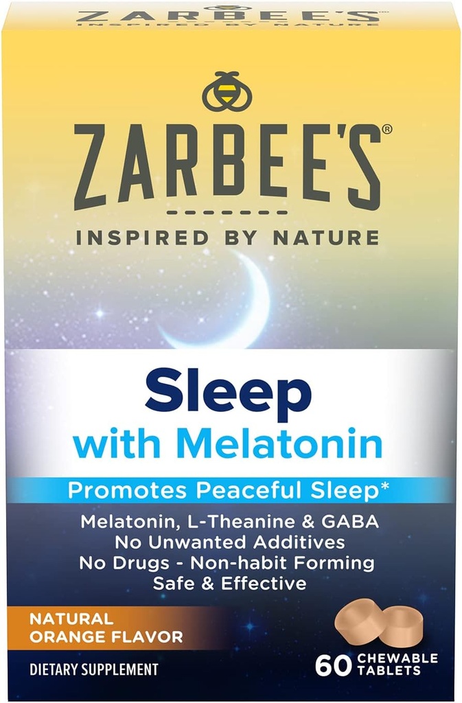 Zarbees Melatonin 5mg, L-Theanine + GABA Sleep Supplement för att främja fredlig sömn, naturlig orange smak, tuggbara tabletter för vuxna ålder 12, 60 greve