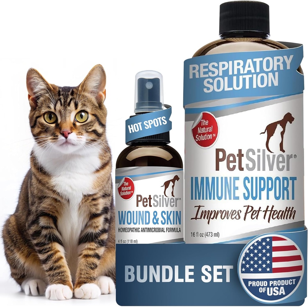 PetSilver - Immune Support (16 fl oz) och Wound & Skin Spray (4 fl oz) med Patented Chelated Silver - Allergier, Sinus & Cough Behandling - Wound Care & Hot Spot Spray för katter och hundar - Made in USA