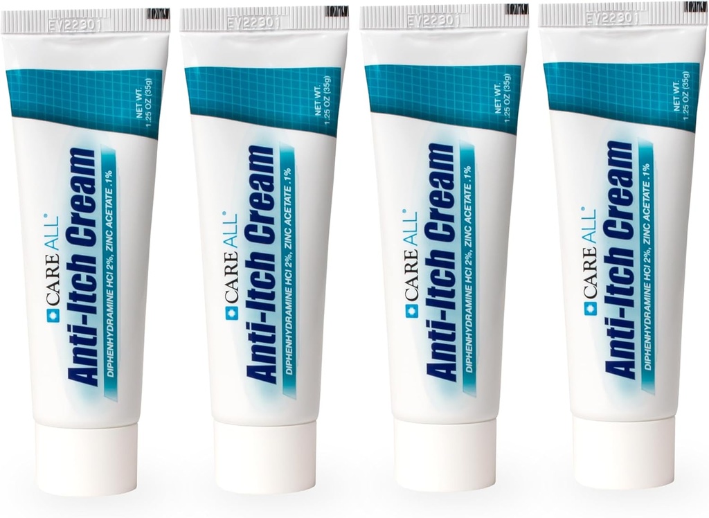 CareAll Anti-Itch Cream 1.25oz (4 Pack) Histaminblockering, Diphenhydramine HCI 2% Topical Analgesic & Zink Acetate 0.1% Hudskyddsmedel för tillfällig smärta och nedre lättnad från vanliga utomhus kliar