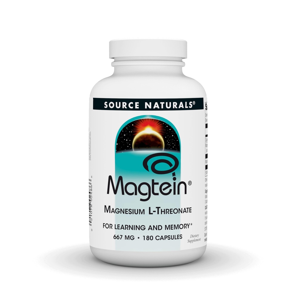 Källa Naturals Magtein Magnesium L-Threonate, 667mg, stöder fokus, humör, hälsosamt minne, kognitiv funktion - 180 kapslar