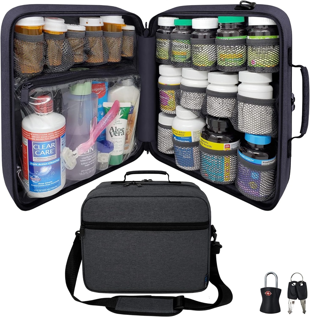 Extra-Large Pill Bottle Organizer, Medicine Bag, bärare för mediciner, vitaminer och medicinska förnödenheter - Modular Travel Medicine Organizer och Home Storage Med Bag - Dark Gray (med Lock)