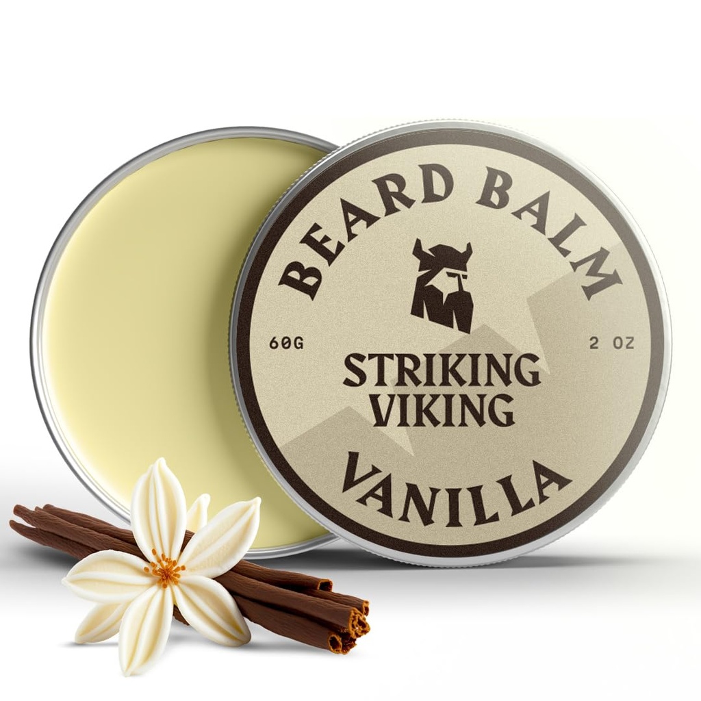 Slående Viking Beard Balm för män - Lämna i skägg Conditioner - Styling Balm Made med naturligt härledda skägg smör, Argan & Jojoba oljor (2 Ounce (Pack of 1), Vanilla)