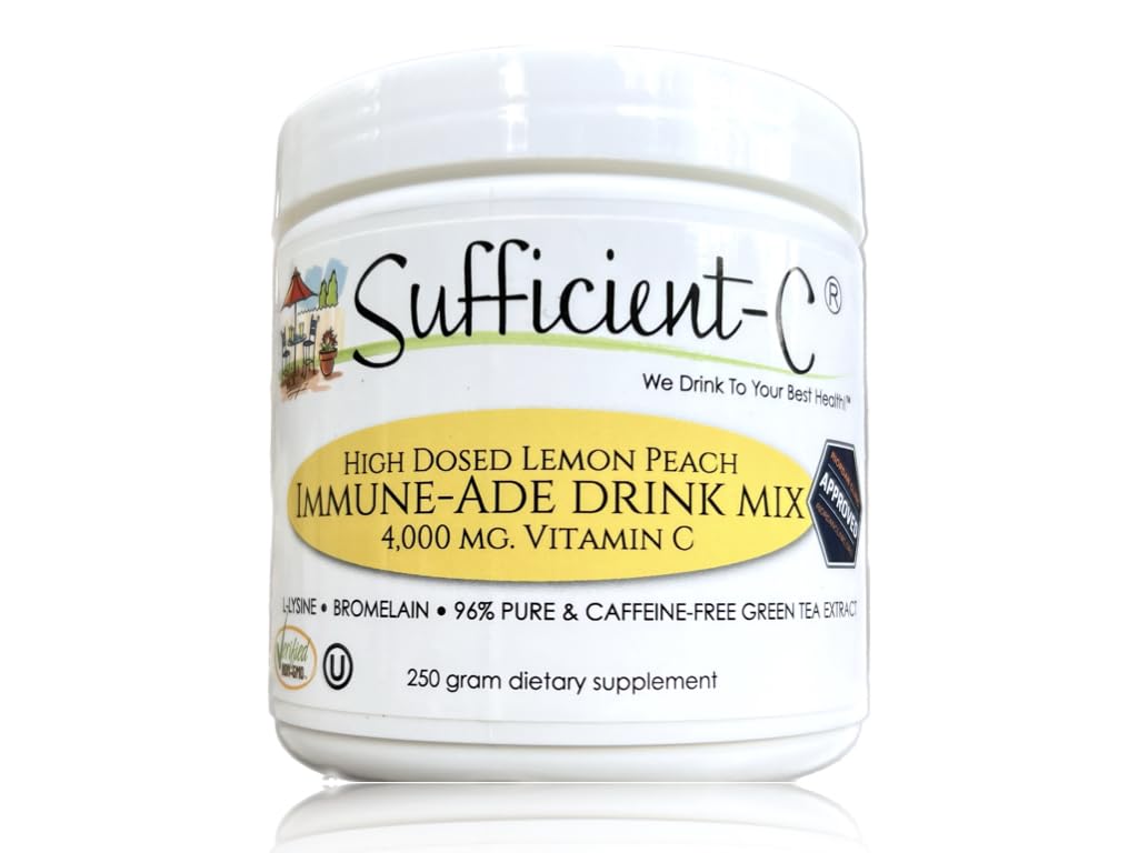 Tillräcklig-C High-Dosed 4000 mg. Vitamin C Lemon Peach Immune-Ade Drink Mix 250 gram Storlek - Uppfriskande med Generously Dosed L-lysin, Bromelain & 96% Pure, koffeinfri grön te extrakt