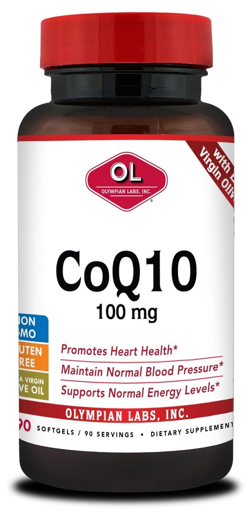 Olympian Labs Coenzyme Q10 100mg Softgels formulerade med Extra Virgin Olive Oil, Heart Health Support, Cell Protection från fria radikaler