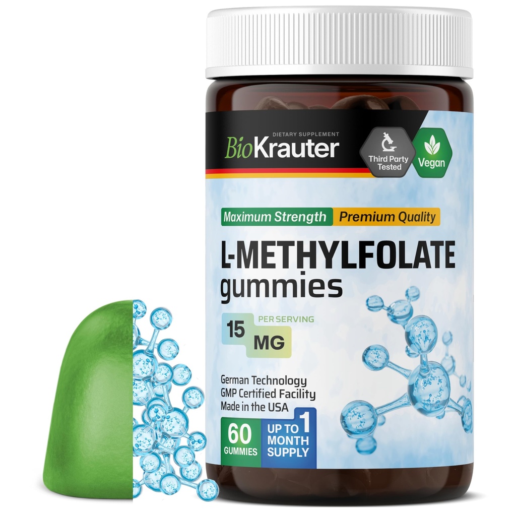 BIO KRAUTER L Methylfolate Gummies - 25 mg DFE - 60 Vegan Chews - MTHF Supplement - Folat Supplement - Folic Acid Gummies (Vitamin B9) - Gelatinfri Formel