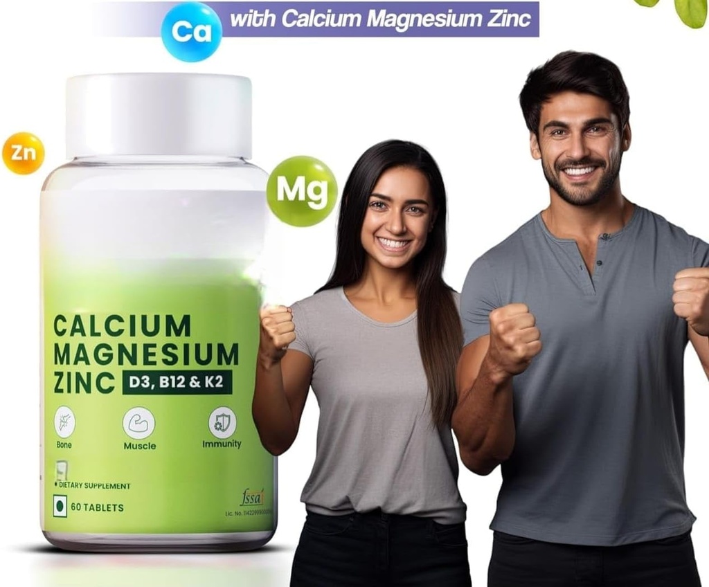 Kalcium, Magnesium, Zink med vitamin D3 & B12, 1000mg I 60 Veg tabletter | Stöd Strong Joints Health | för både män och kvinnor, 1 greve, 60 kapslar