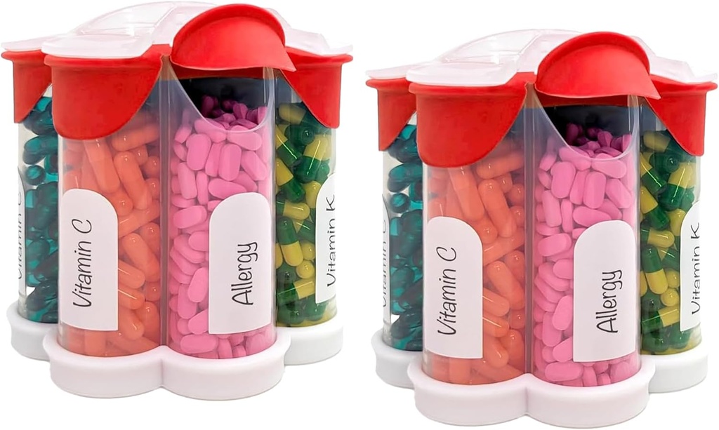 Extra Large Pill Organizer Daily, Weekly, Monthly Supplement Bottle, Cute Blossom Pill Dispenser med 7 XL Compartments (2 Pack Combo) (Red 2 Pack)