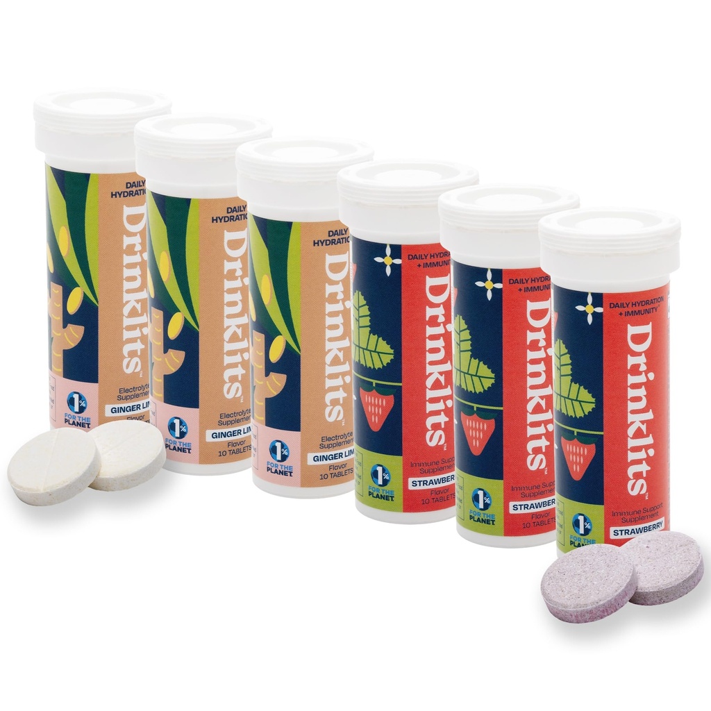 Drinklits Ginger-Lime Electrolyte Hydration & Strawberry Immunity Tablets (6) Tube Combo Pack | Stor smak - Glutenfri - Daglig användning | 60 portioner (10 tabletter per Tube)