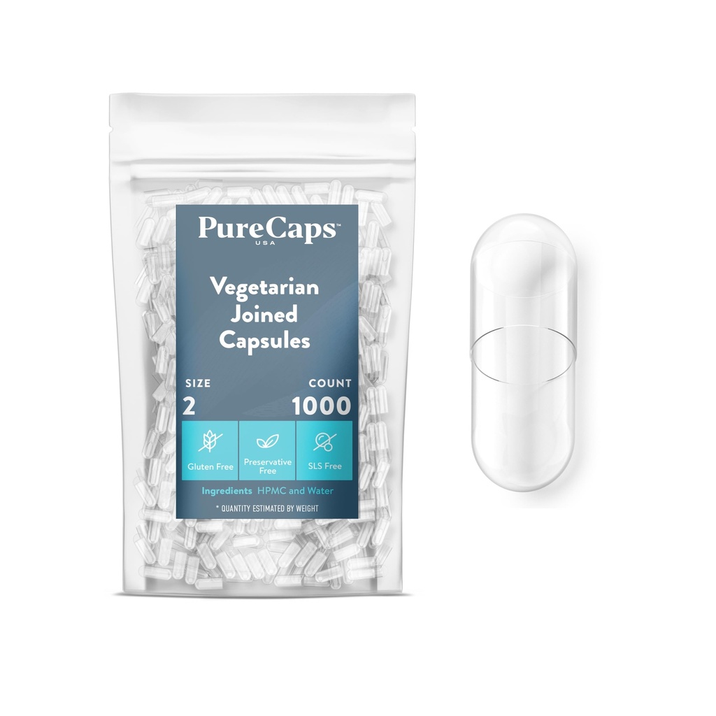 PureCaps USA - Empty Vegetarian Vegan Pill Capsules Storlek 2| 1000 Joined Pills| Clear| Non-GMO Certified | SLS, Gluten, Preservative Free