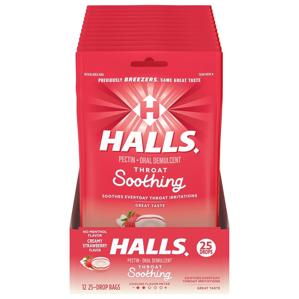 HALLS Throat Soothing (Previously HALLS Breezers) Creamy Strawberry Throat Drops, 12 Bags of 25 Drops (300 Total Drops)