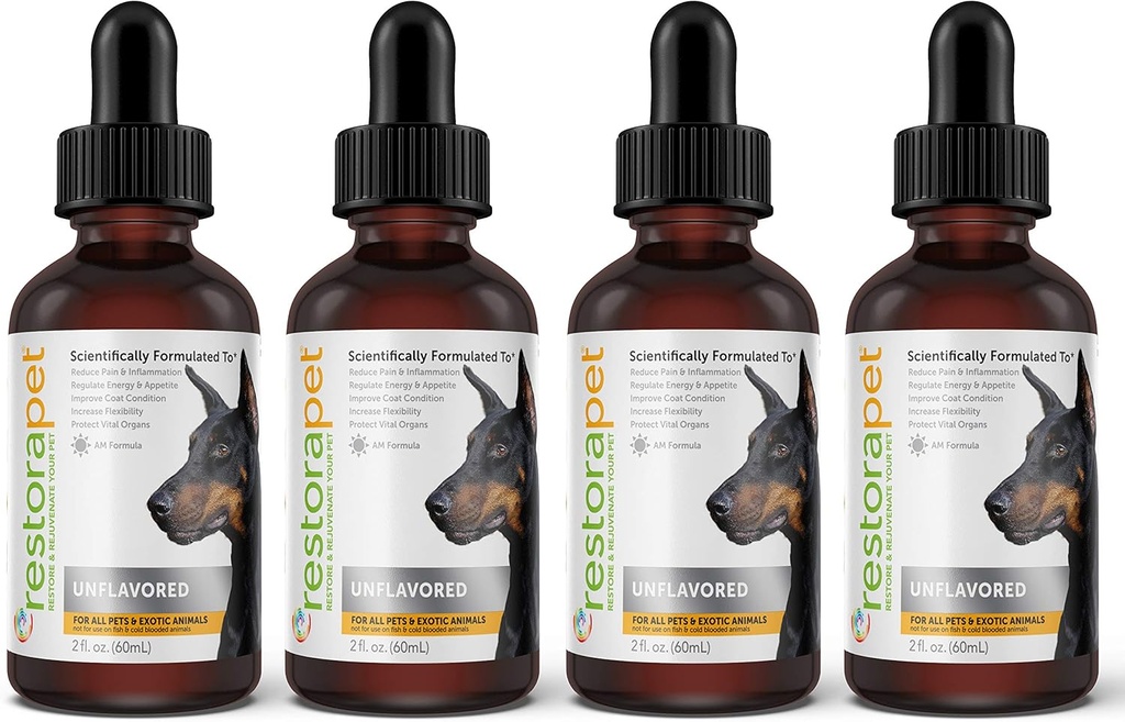 RestoraPet 4-Pack Dog & Cat Unflavored Liquid Multivitamin | Dog Arthritis Pain Relief | Hip&Joint Vitamins for Dogs | Anti Inflammatory Supplement for Dogs & Cats | Organic & Non-GMO, Vet Approved