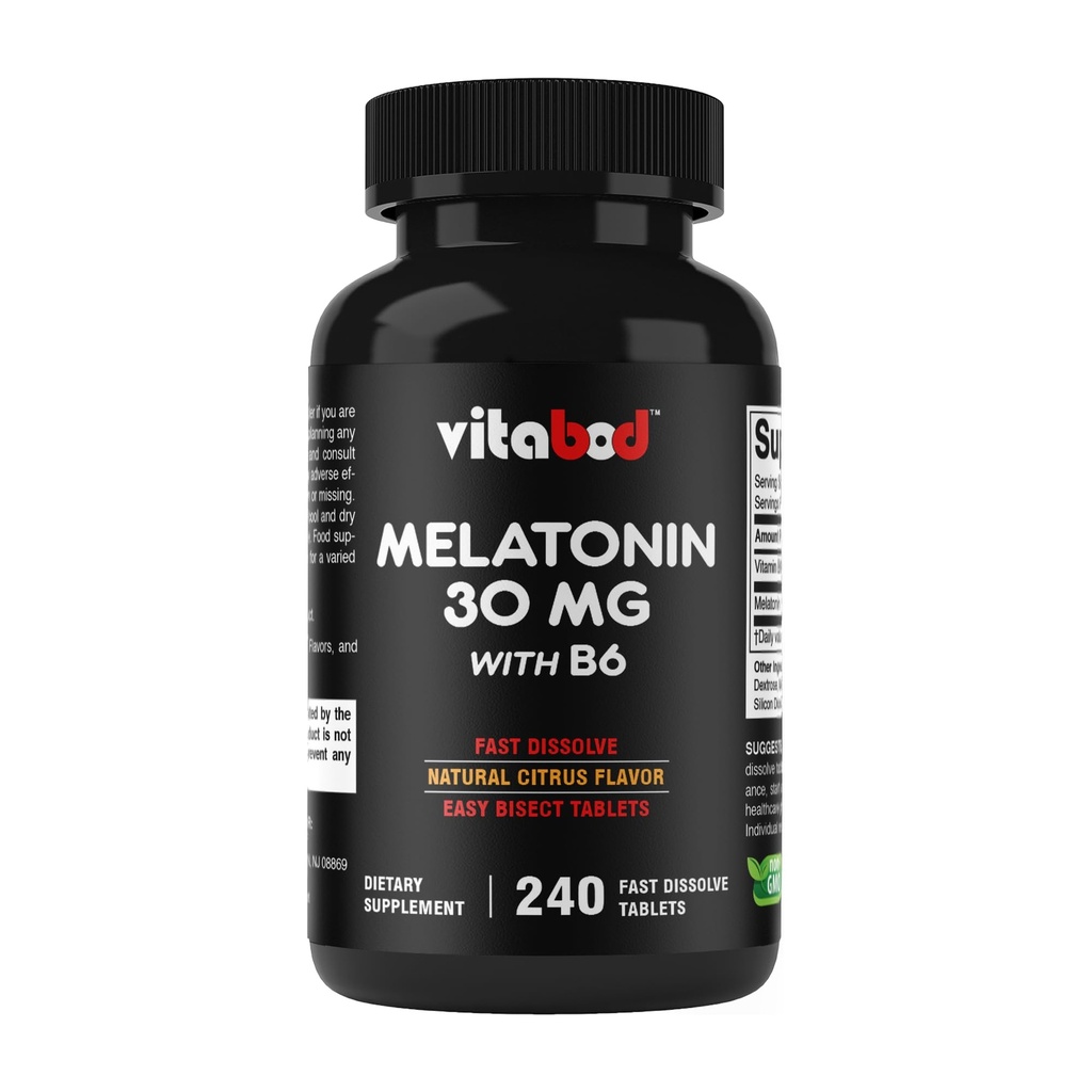 Melatonin 30 mg med vitamin B6 - 240 Snabbupplösta tabletter High-Potency Sleep Support - Drug-Free, Natural Citrus Flavor - Vegetarian, icke-GMO, Gluten-Free