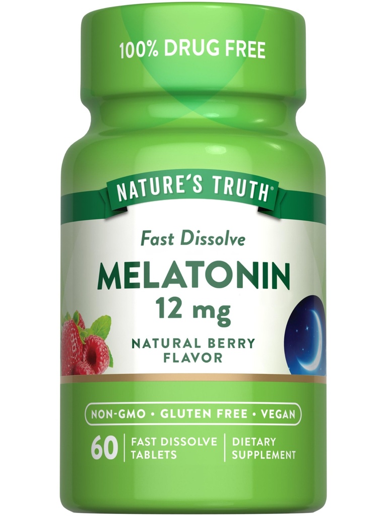Naturens Sanning Melatonin 12mg | 60 Snabbupplösta tabletter | Naturbär smak | Vegan, icke-GMO & Gluten fri tillägg