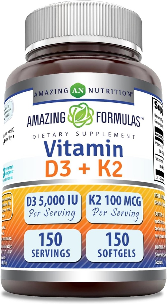 Fantastiska formler Vitamin D3 5000 IE med vitamin K2 100 Mcg | D3 + K2 Komplex Supplement | Softgels | Non-GMO | Gluten-Free | Made in USA (1 Pack, 150 Count)