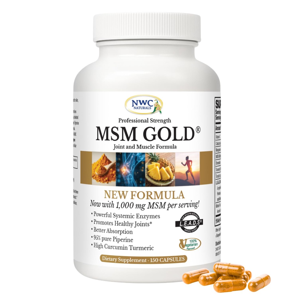 NWC Naturals MSM Gold - Systemisk Enzym Supplement med gurkmeja, Tomato Lycopene & BioPerine för näringsabsorption - Joint & Muscle Support - 150 Antioxidant-Rich Vegetarian Capsules