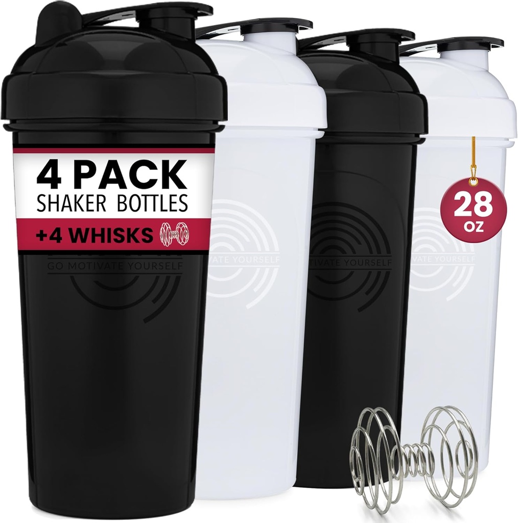 GOMOYO 4-Pack - 28 Ounce Protein Shaker Bottle för blandningar, 4xWire Whisk, Leak Proof Bulk Supplement Mixes och Pre-Workout Shaker Cups, Dishwasher Safe & BPA Free, Black & White