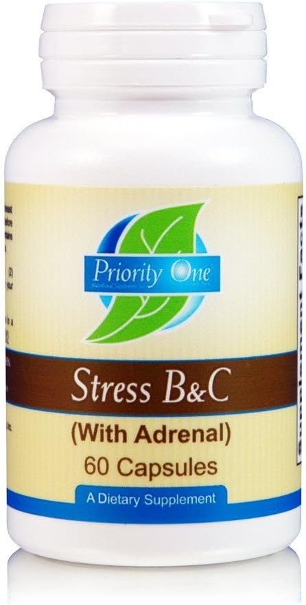 Priority One Vitamins Stress B & C 60 Capsules - B Komplex med hela körteln Adrenal för att stödja friska nerver, hud, ögon, gastrointestinala och hjärnfunktioner. *