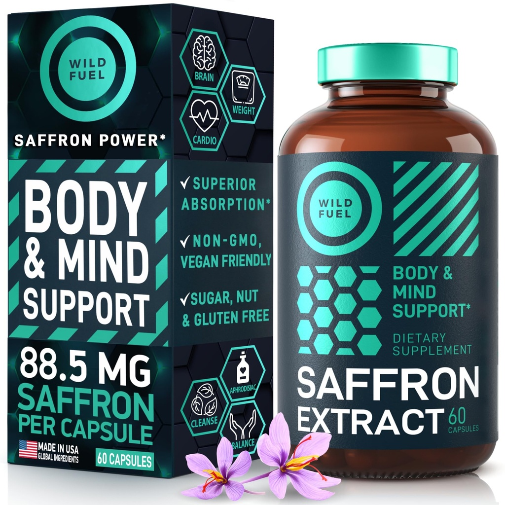 Saffron Kosttillskott för kvinnor och män - 88,5 mg Pure Saffron Extract - Antioxidant, ögonhälsa, energistöd och humör Booster - Vegan, tillverkad i USA, 60 kapslar när dagligen