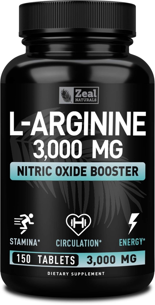 Zeal Naturals L Arginine 3000mg kapslar (150 tabletter | 1000mg) Maximal dos L-arginin Nitric Oxide Supplement för att stödja muskeltillväxt, vaskulär funktion och energi - Nitric Oxide Booster