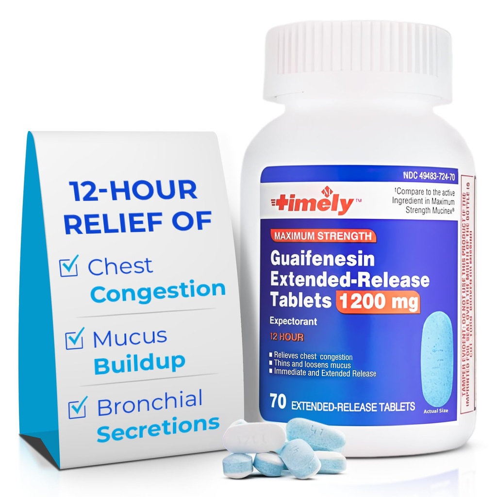 TIME-CAP LABS, INC. Tidiga Guaifenesin 1200 mg Extended Release tabletter - Expectorant Mucus Relief & Chest Congestion Relief för vuxna - varar upp till 12 timmar - 70 greve