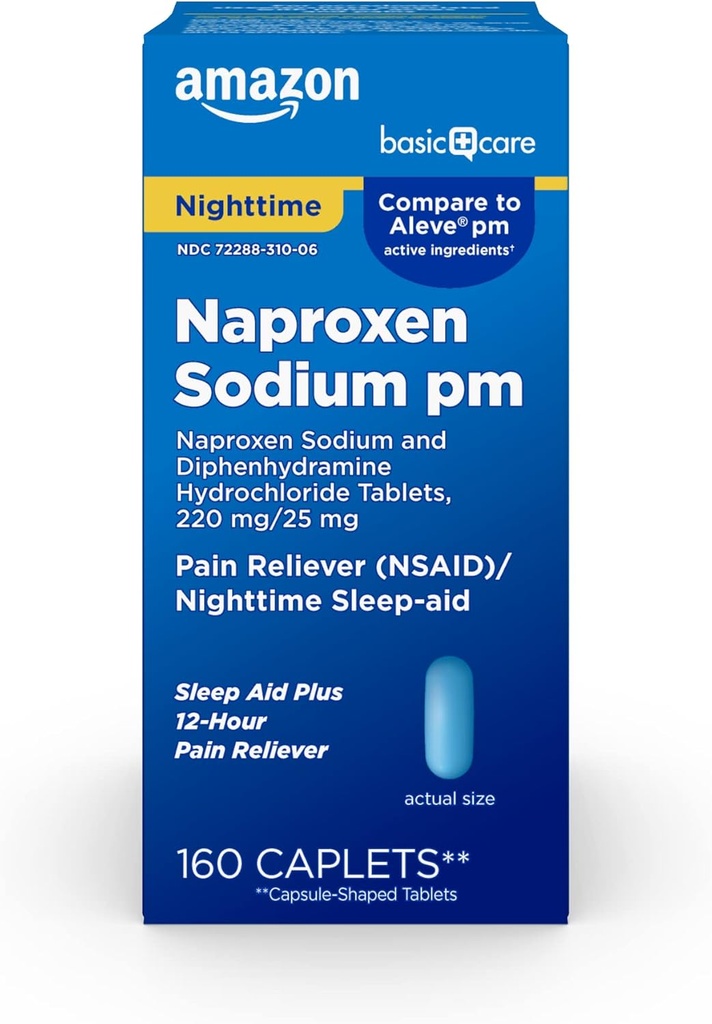 Grundläggande vård Alla nattsmärtlindring PM, Naproxen Sodium, 220 mg / Diaphenhydraminhydroklorid, 25 mg tabletter, smärtstillande / nattlig sömnhjälp, 160 greve