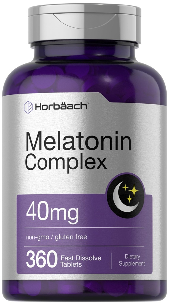 Horbäach Melatonin 40mg Complex | 360 Snabbupplösta tabletter | Vuxen extra styrka tillskott | med Chamomile och Ashwagandha | Vegetarian, icke-GMO, Gluten Free