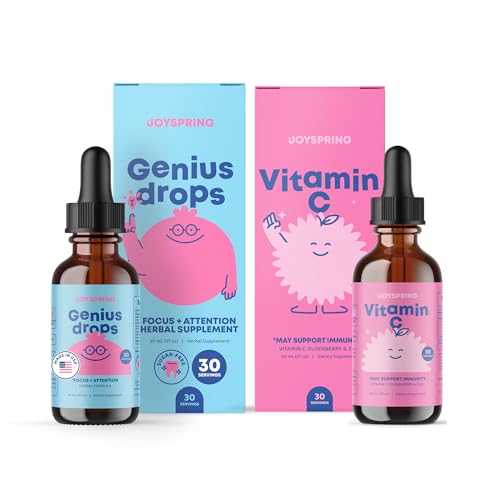 JoySpring Genius Drops & Vitamin C - Skolbackup Bundle | Barn Vitaminer Naturligt Källa, Icke-GMO, Icke-Alkoholisk Liquid Formel, Immunity Health Support | Vegan & Vegetariska Supplement Drops