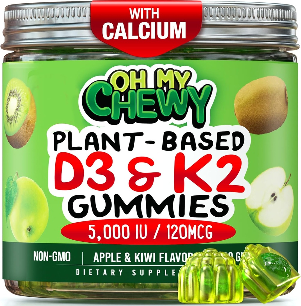 Center-Filled Vitamin D3 K2 Gummies - Kids, Teens & Adults - Supplement for Healthy Teeth, Bone, Energy & Immunity - 5000 IU D3, 120 mcg K2(MK-7), 120 mg Calcium - Vegan & Non-GMO - 60 Count