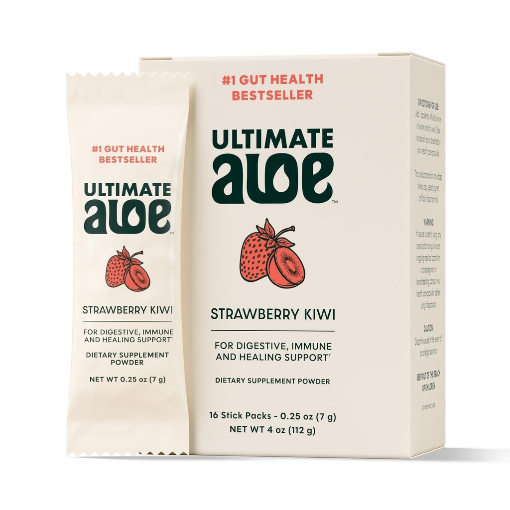 Ultimate Aloe Powder - Strawberry Kiwi Flavor, stöder Digestive Health, Immune System & Normal Healing, Aloe in Convenient Powder Packets, 16 Packets, Gluten-Free, Vegan, Non-GMO