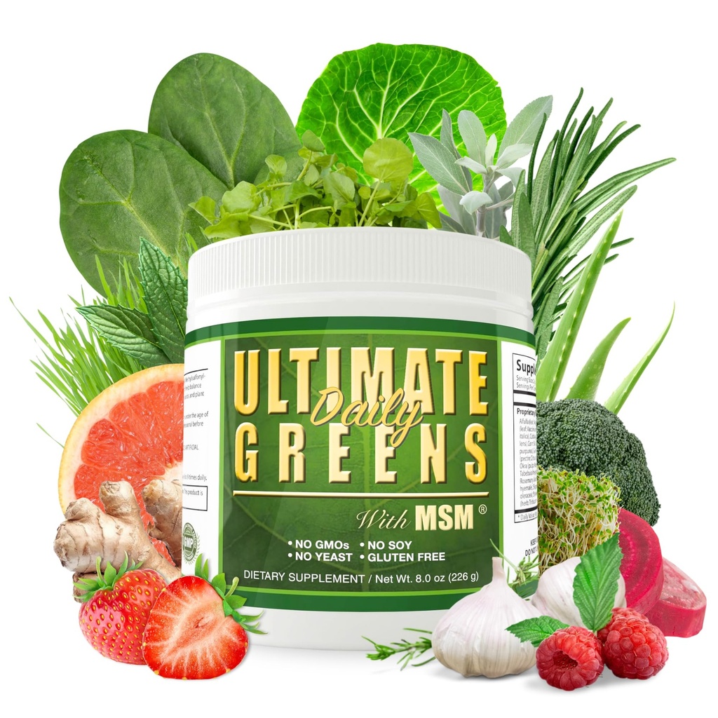 Daily Health, Ultimate Greens med MSM Powder, Vegan Friendly Natural Ingredients Gluten Soy Free NO GMO Superfood Vegetable Nutritional Drink Alkalizing Energy 8oz 1 Pack (1 Månadsförsörjning)