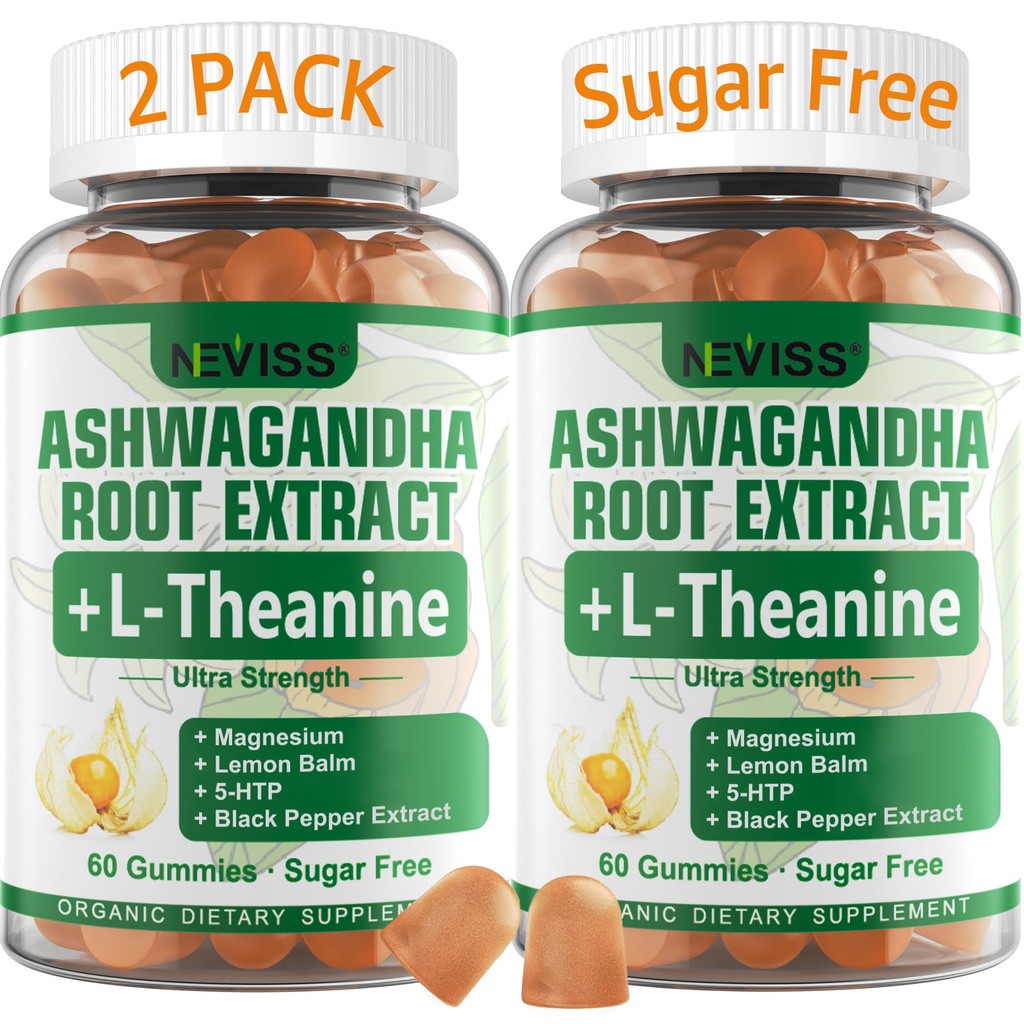 NEVISS Ashwagandha Gummies 2000mg, Känn dig uppdaterad, Plus Proprietary Blend med L-Theanine, 5-HTP, Lemon Balm, Magnesium för Calm, Zzzs & Relaxation Support, 120 Count