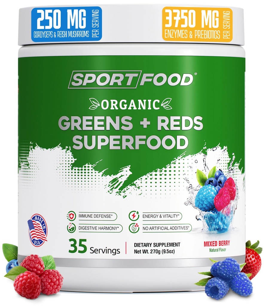 Organic Greens & Reds Superfood Powder | Mixed Berry Flavor | 25 + Super Fruits & Veggies, Beets, Prebiotika | Energizing, Antioxidant-Rich, Keto-Friendly Smoothie Mix | 35 portioner