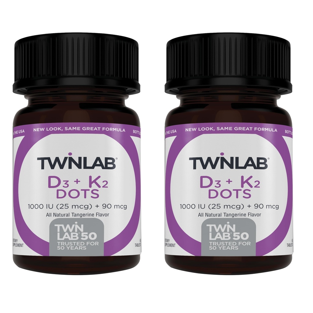 Twinlab Vitamin D3 1000 + K2 Dots - Bone & Heart Health - Immune Support - 25 mcg, 60 tabletter (1000 IE) (2 Pack)