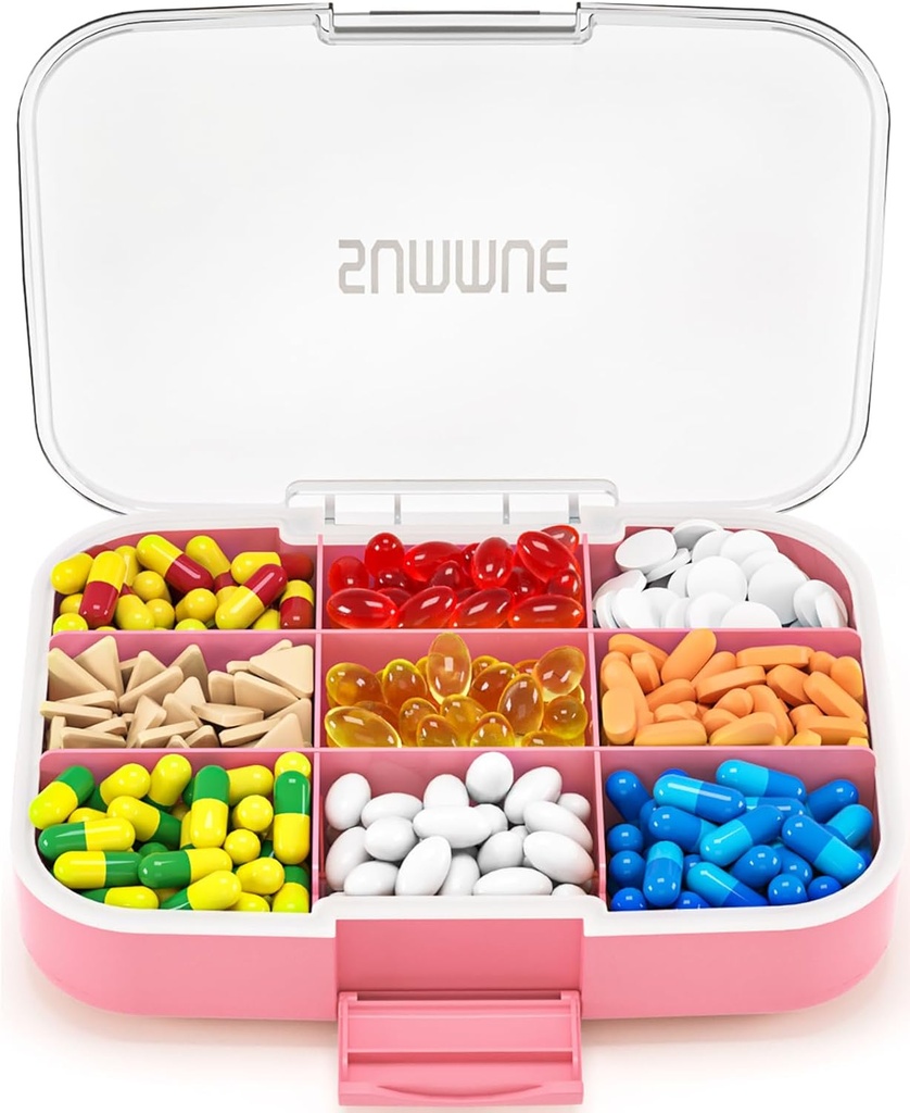 Stor Pill Organizer, 9 Compartments Portable Travel Pill Box Case Moisture Proof, XL Pill Container Holder för vitaminer, Cod Liver Oil, Supplements, Medication (Pink)