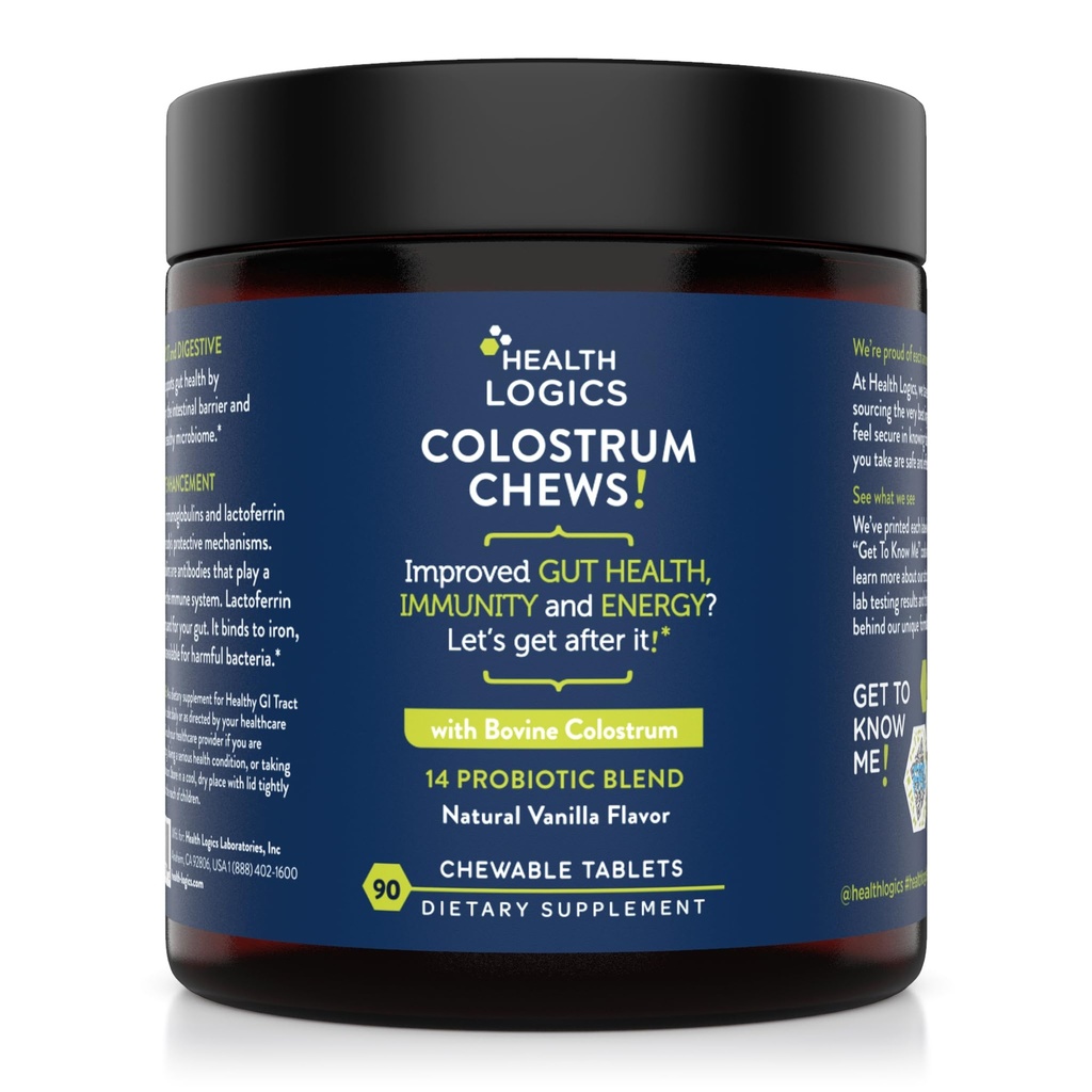 Health Logics Colostrum Chews-Colostrum Supplement 25% IgG för Gut Health, Immune Support, Hair Growth, Vanilla Flavor, 90 Servings, Whole Bovine Colostrum Superfood