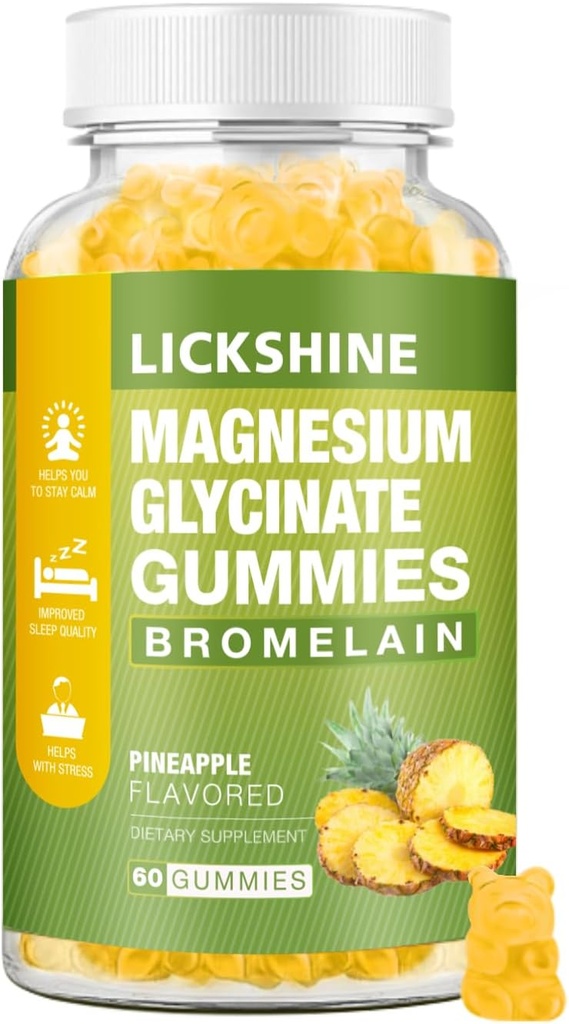 1 Pack Magnesium Glycinate Gummies 1000mg, Calcium, kalium, Bromelain, vitamin D, B6, CoQ10 Supplement för avkoppling, lugn humör, stressavlastning och sömn för vuxna och barn, 60 grejer