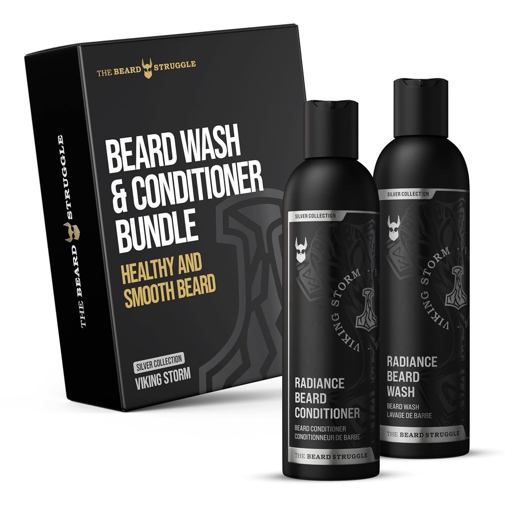 The Beard Struggle - Radiance Beard Wash & Conditioner Bundle - Silver Collection - Pack of 2, Viking Storm - Nourish, Cleanse, Softens, & Strengthens Beard - Beard Wash and Conditioner för Män