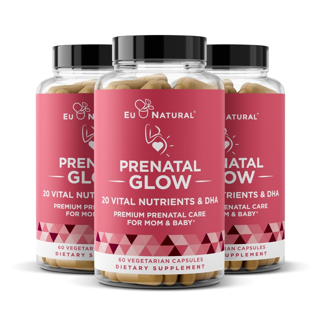 Glöd Prenatal Vitaminer för kvinnor 3-Pack Bundle - 20-i-1 Vital Nutrients för hälsosam graviditet och dödlig utveckling - Folic Acid & Vegan DHA för barnets tillväxt och en bekväm graviditet - 180 kapslar