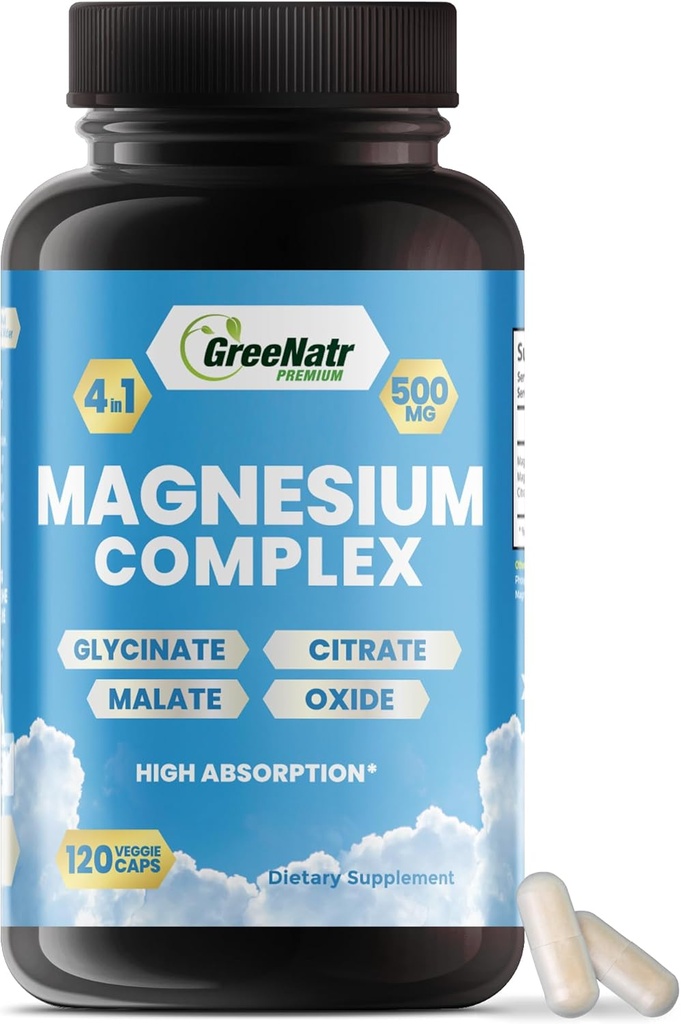 GreeNatr Magnesium Komplex Supplement - Magnesium Supplements with Glycinate, Citrate, Malate & Oxide - Magnesium Tablets for Digestion, Sleep, Heart Health & Energy - Magnesium Vitamins 120 Counts