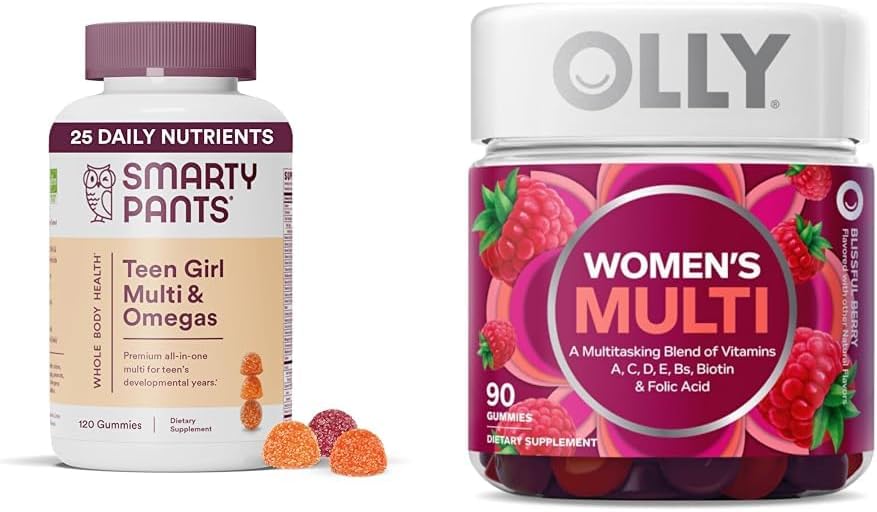 SmartyPants Teen Girl Multivitamin Gummies med Omega 3 Fish Oil, Vitamins D3, C, B12, B6, A, K, Zink & OLLY Women's Multivitamin Gummy med vitamin A, D, C, E, Biotin, Folic Acid, Berry Flavor