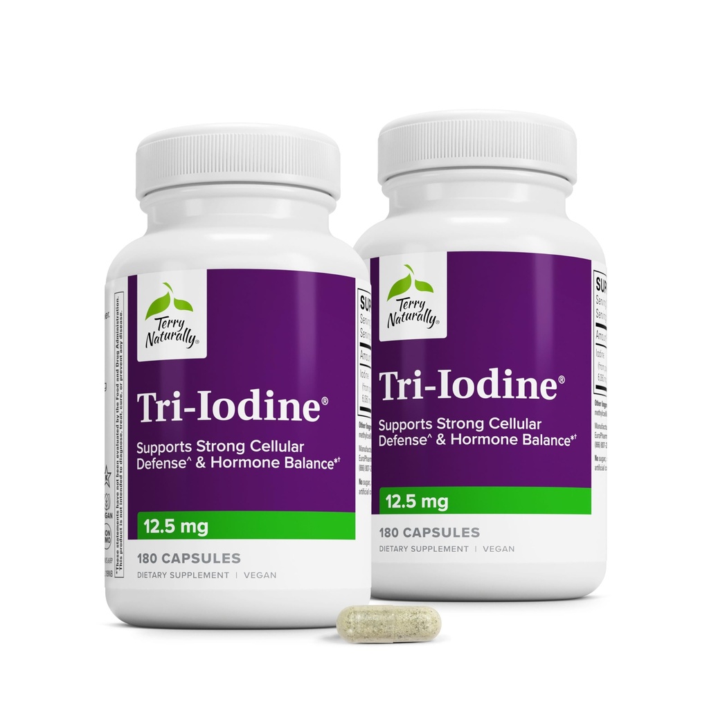 Terry Naturally Tri-Iodine - Aid Thyroid Health med kaliumjodid och natriumjodid - hjälper hormonbalans med molekylärjod från Kelp - Brain & Energy Support - 12,5 mg, 180 kapslar (Pack of 2)
