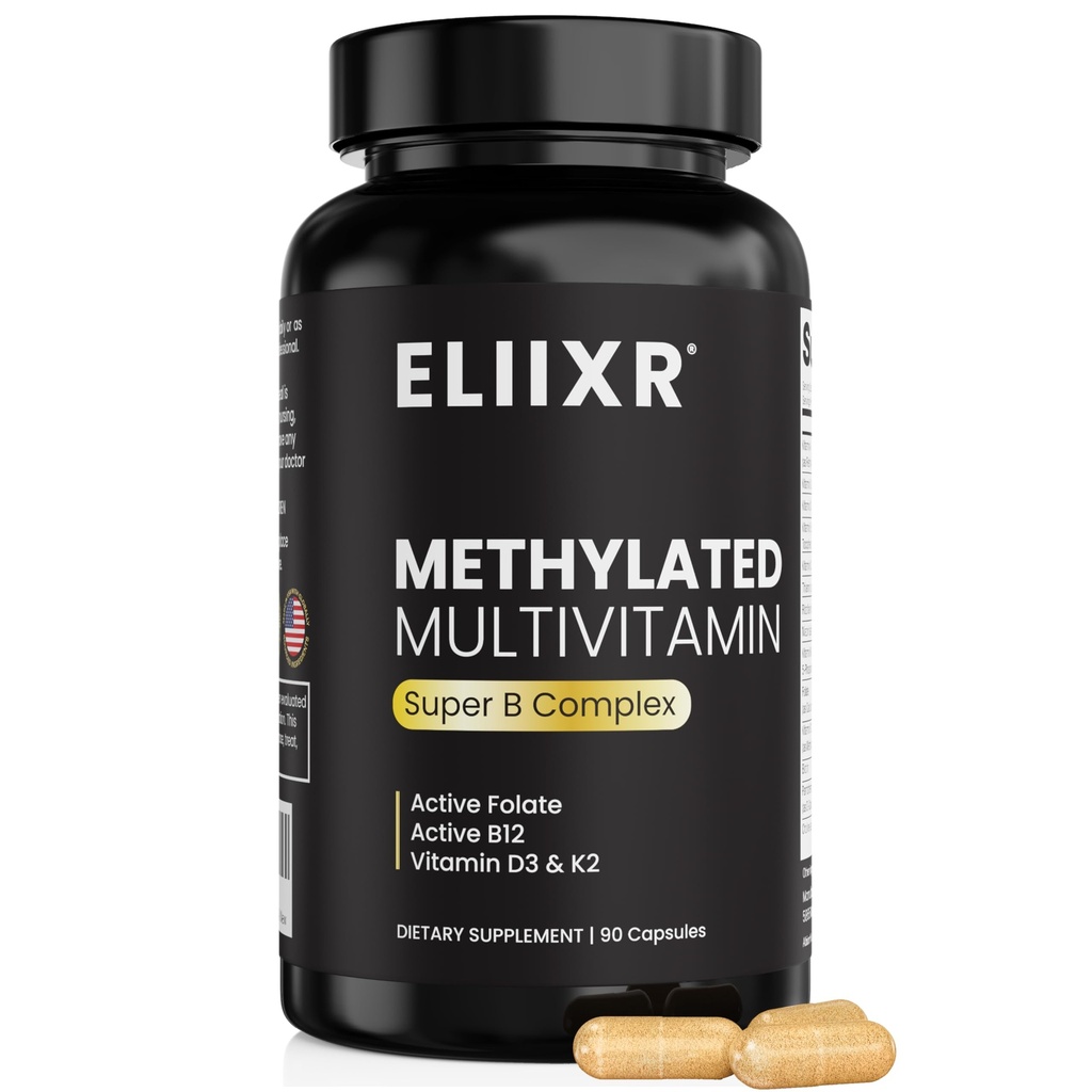 Eliixr Methylated Multivitamin Supplement för män och kvinnor, med 1500mcg aktiv folat och 500mcg aktiv B12 i varje kapsel. 60 kapslar, 60-dagars leverans, järnfri, tillverkad i USA