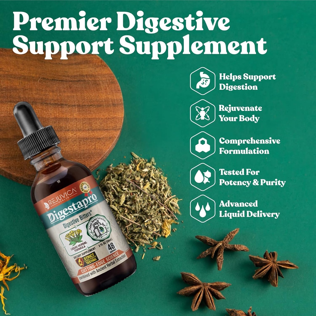 Rejuvica Health DigestaPro - Advanced Digestive Bitters Supplement - Liquid Delivery för bättre Absorption - Gentian, Artichoke, Burdock, Chanca Piedra, Ginger & More!