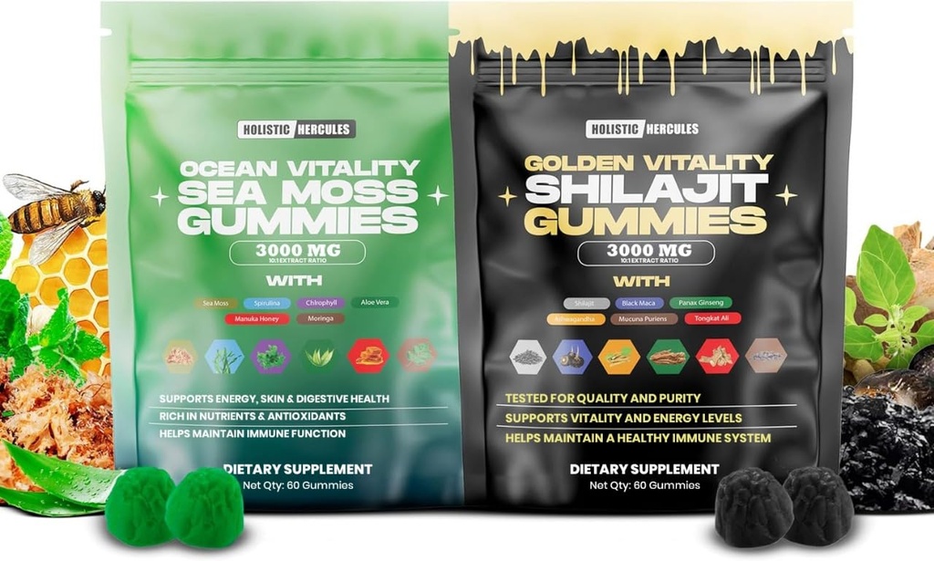 Holistiska Hercules Sea Moss & Pure Himalayan Shilajit Gummies Gold | 100% naturlig organisk vegan | No Added Sugar | Ashwagandha Tongkat Ali Ginseng Spirulina Moringa Manuka Honung | 60 Gummies 2 Pack