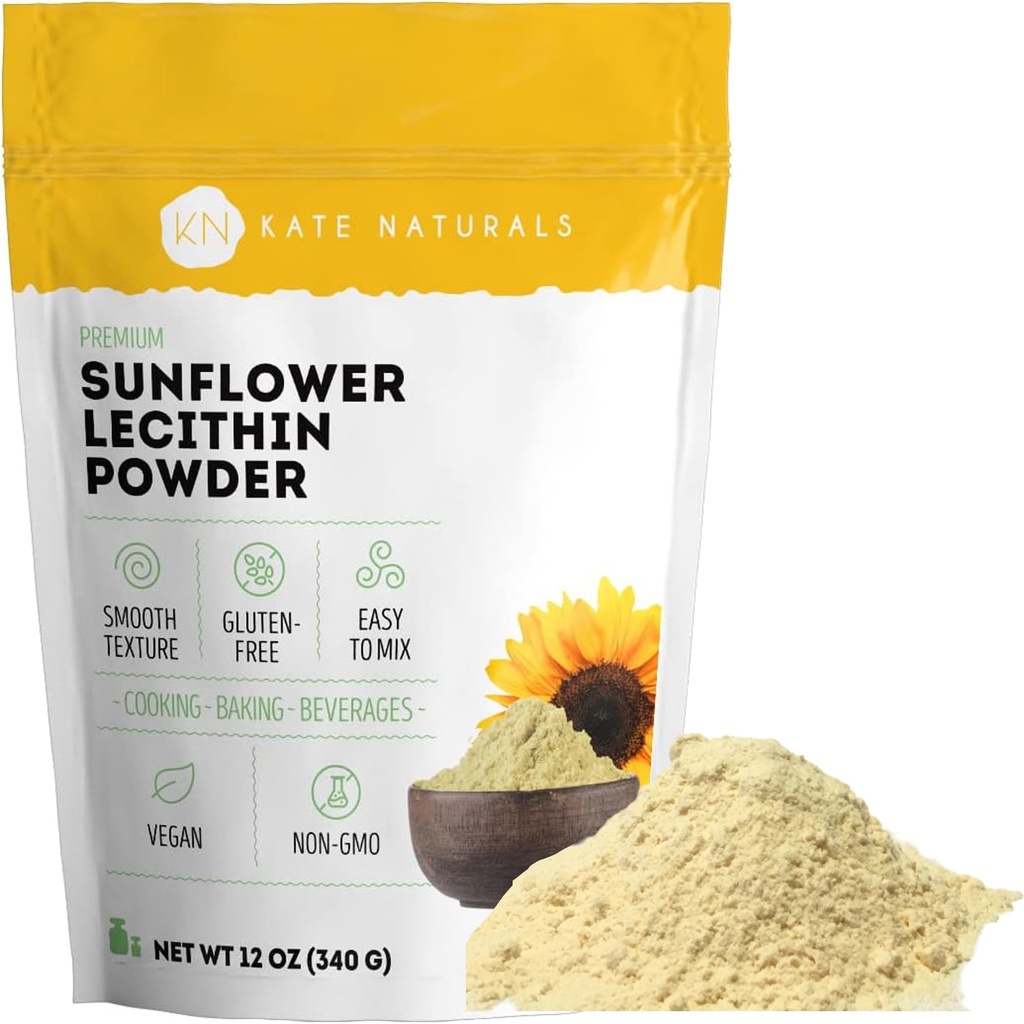 Kate Naturals Sunflower Lecithin Powder för Baking Bread, Gummies, Cooking. Lecithin Supplement för täppt mjölkdukter. ersätta soja Lecithin Powder (12oz, icke-GMO)