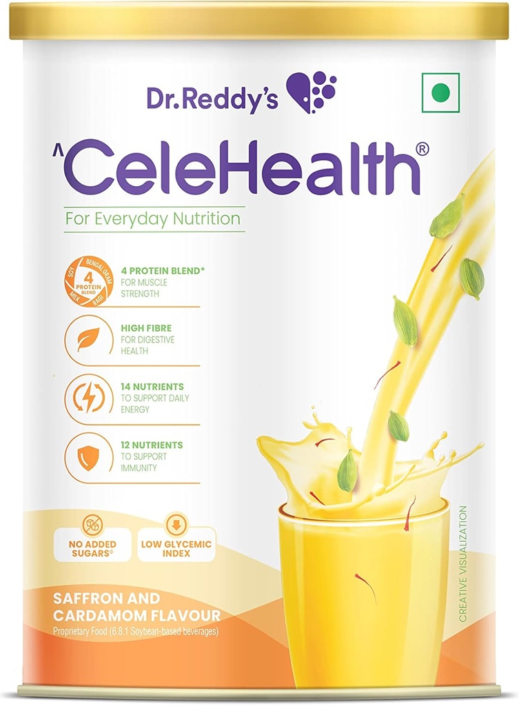 Dr Reddy's Celehealth Nutritional Drink, Protein Supplement för daglig användning, Low Glycemic Index, Zero Added Sugar, Saffron och Cardamon Flavour, 400g, Yellow