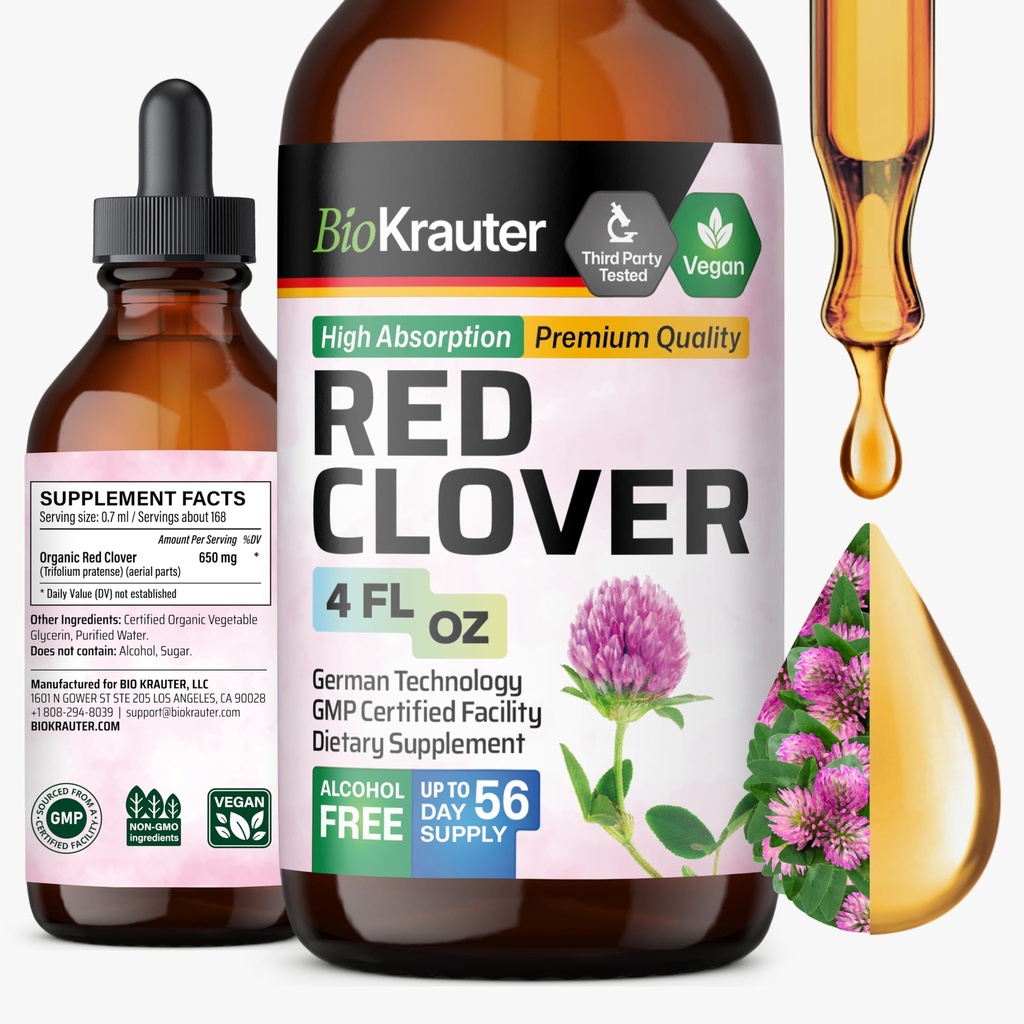 BIO KRAUTER Red Clover Tincture - Red Clover Extract - Liquid Supplement för kvinnors stöd - alkohol och sockerfri - Vegan Drops 4 Fl.Oz.