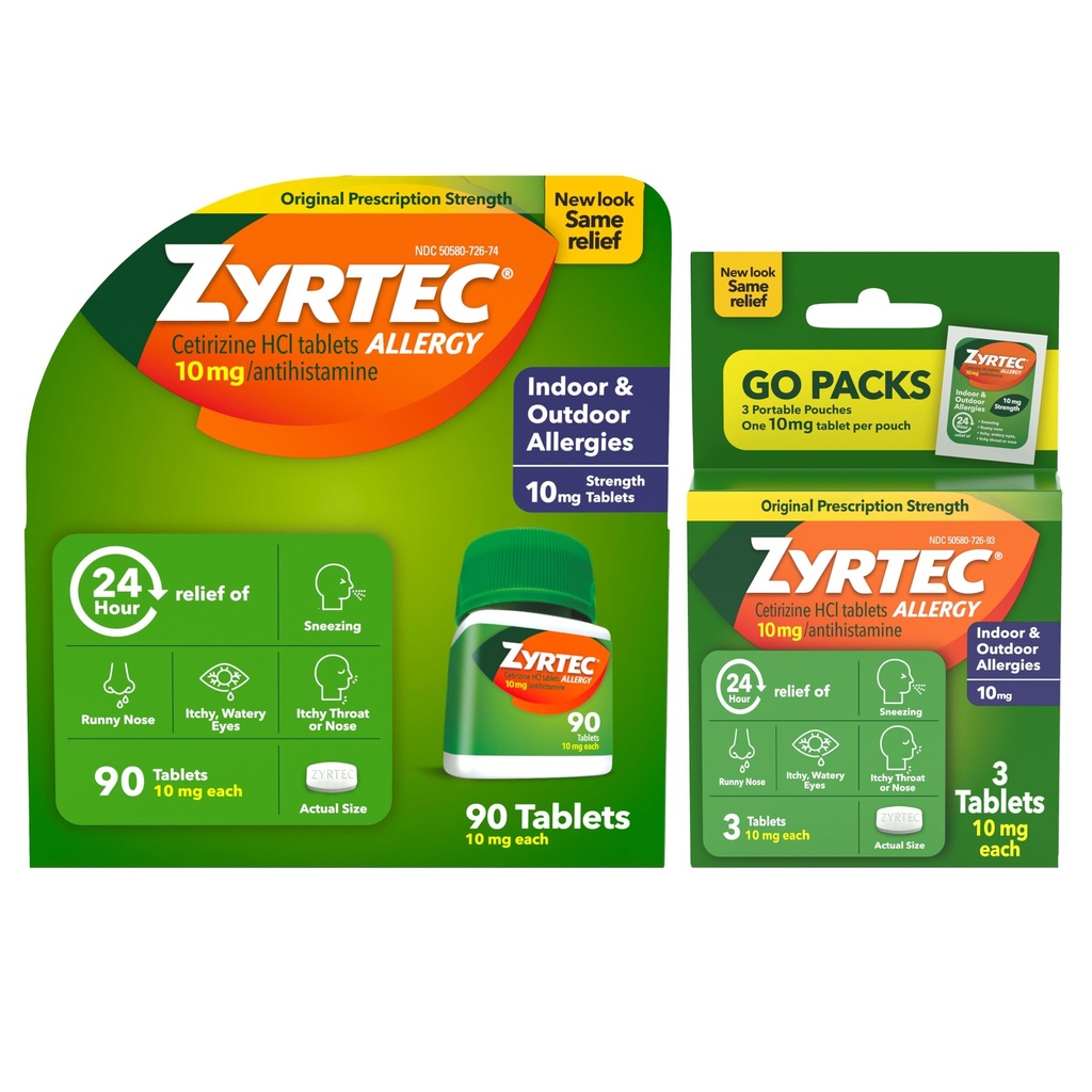 Zyrtec 24 Hour Allergy Relief Tablets, Indoor & Outdoor Allergy Medicine med 10 mg Cetirizine Hydrochloride Antihistamine, Value Bundle av en, 90 ct Bottle & Three, 1 ct Travel Packs