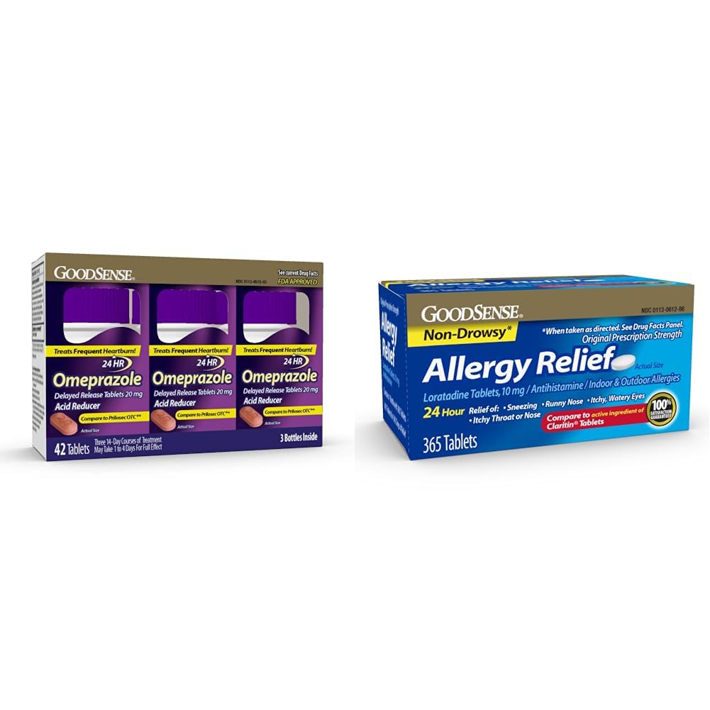 GoodSense Omeprazole tabletter 20mg 14 grevepaket med 3 & Loratadine tabletter 10mg 365 greve allergi lättnad antihistamin