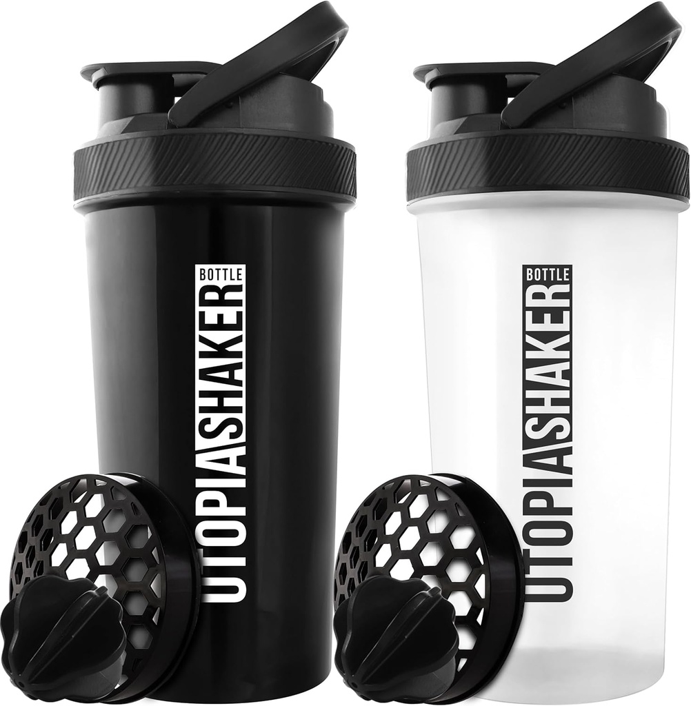 Utopia Home Protein Shaker Bottle - (Pack of 2) 28-Ounce Shaker flaskor för proteinblandningar - Fitness Sports Classic Protein Mixer Shaker Bottle (Black & Clear / Black)